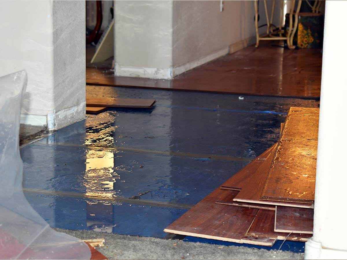 Interior of home with minor flooding damaging hardwood flooring